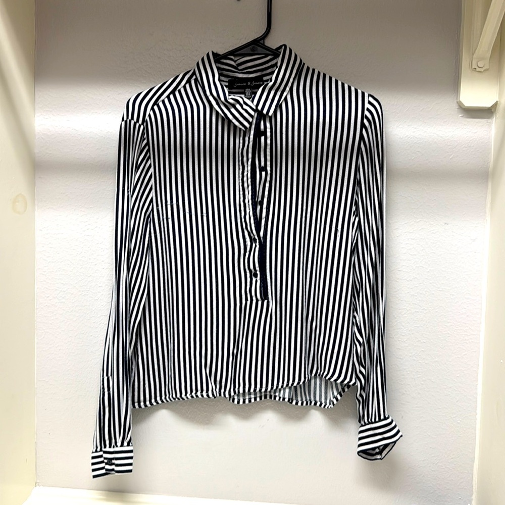 3/4 Button-up Navy/White Striped Long Sleeve Blouse. Very Soft.